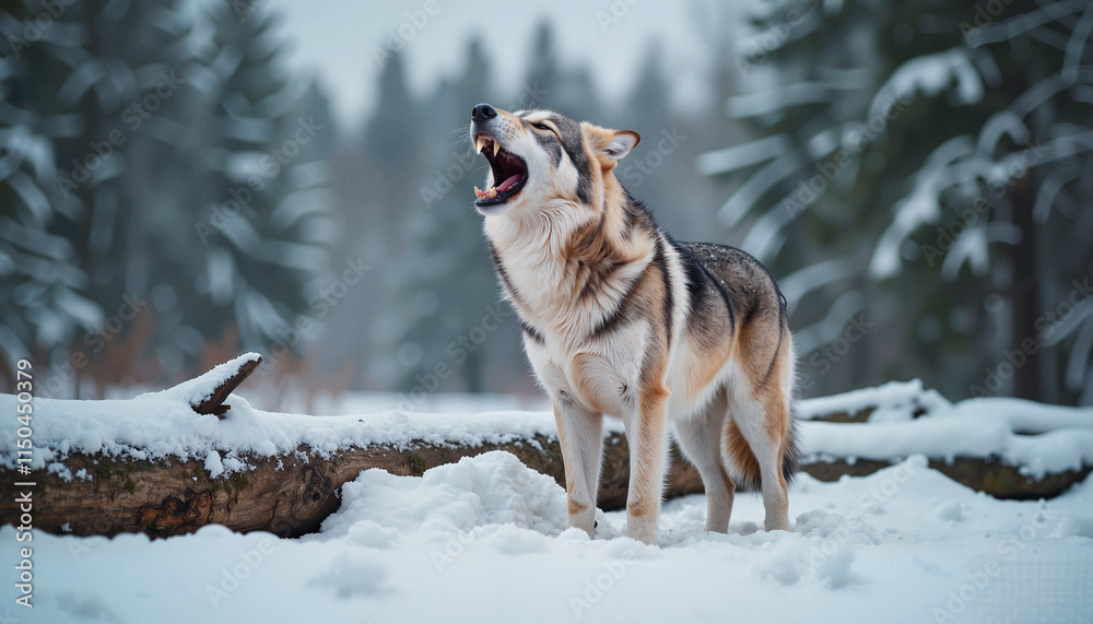 A wolf stands in a snowy forest, howling into the cold winter air. Surrounding trees are dusted with snow, creating a serene winter landscape. This moment highlights the beauty of wildlife A wolf stands in a snowy forest, howling into the cold winter air. Surrounding trees are dusted with snow, creating a serene winter landscape. This moment highlights the beauty of wildlife