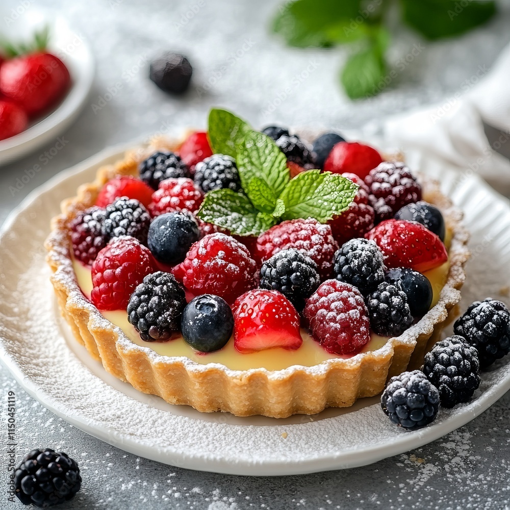 A delightful and colorful fruit tart with a buttery crust, creamy custard filling, and topped with fresh berries A delightful and colorful fruit tart with a buttery crust, creamy custard filling, and topped with fresh berries