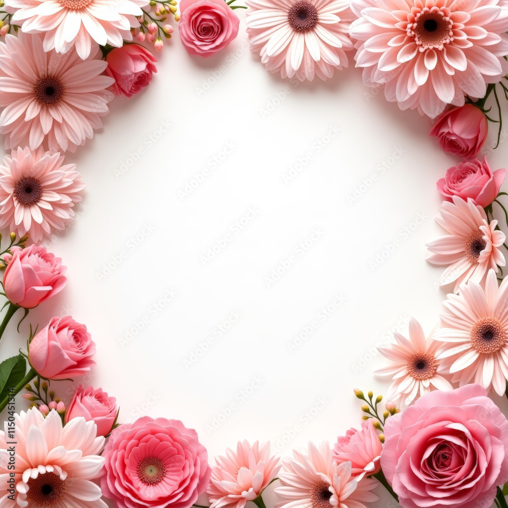 Obraz premium Romantic floral border with open space for text, designed for Valentine’s Day greetings. The soft pastel tones of the flowers add a touch of charm, creating a warm and inviting composition.