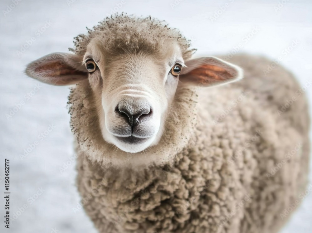 Portrait of a fluffy sheep with a gentle expression in a soft, snowy background Portrait of a fluffy sheep with a gentle expression in a soft, snowy background