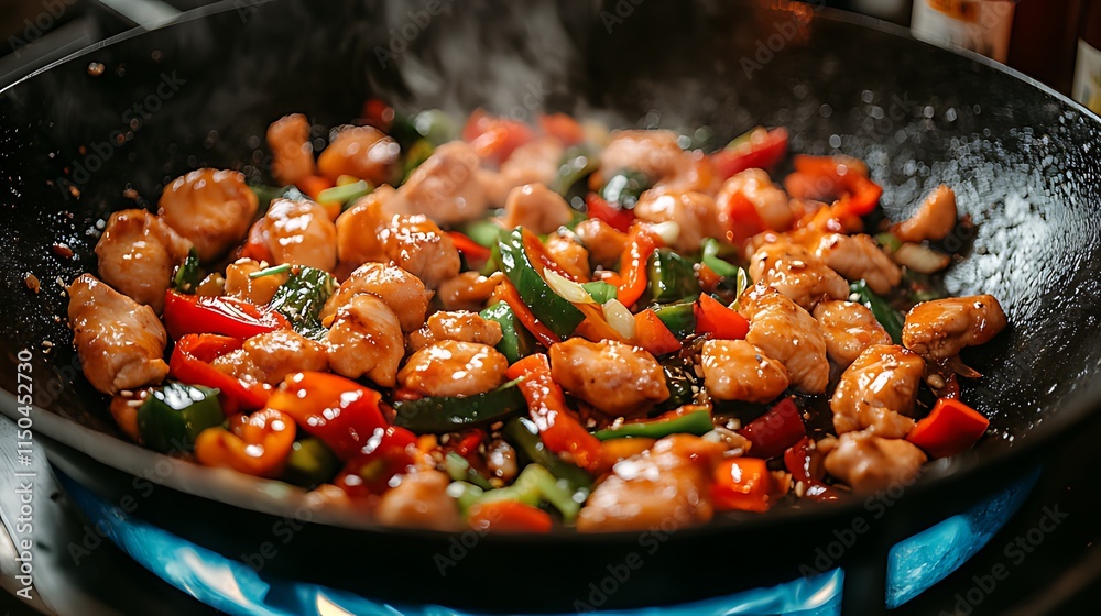 Delicious chicken stir-fry with bell peppers and scallions, sizzling in a wok. Delicious chicken stir-fry with bell peppers and scallions, sizzling in a wok.