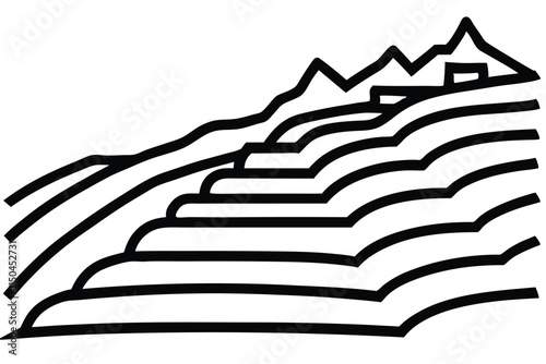 Line art illustration of stepped rice terraces in a scenic landscape