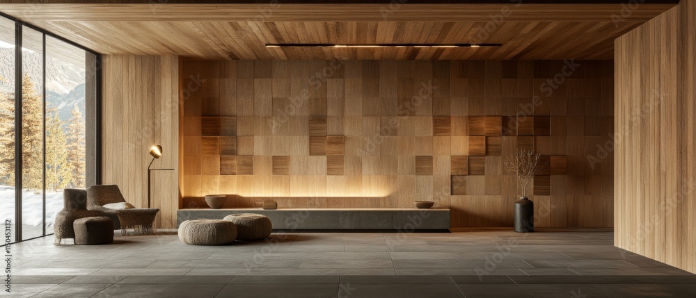 wood paneled walls with a natural wood finish. Wallcovering of wooden, tiled, and square blocks wood paneled walls with a natural wood finish. Wallcovering of wooden, tiled, and square blocks