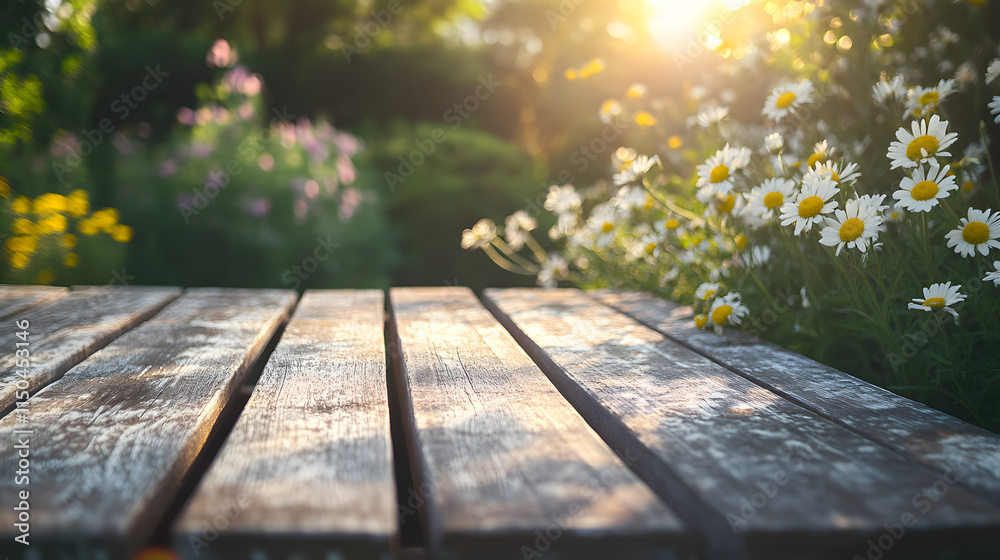 Fototapeta premium A weathered teak outdoor table surrounded by wildflowers captured in natural morning light.