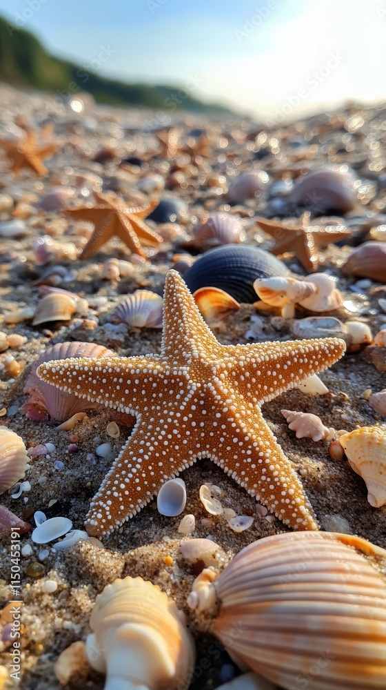 Sandy beach with starfish and seashells under a bright blue sky Sandy beach with starfish and seashells under a bright blue sky
