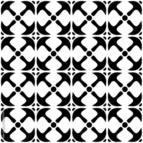 Seamless black and white abstract geometric pattern, consisting of repeating symmetrical shapes. Suitable for backgrounds, wallpapers, textile designs, prints, decorative projects, etc.