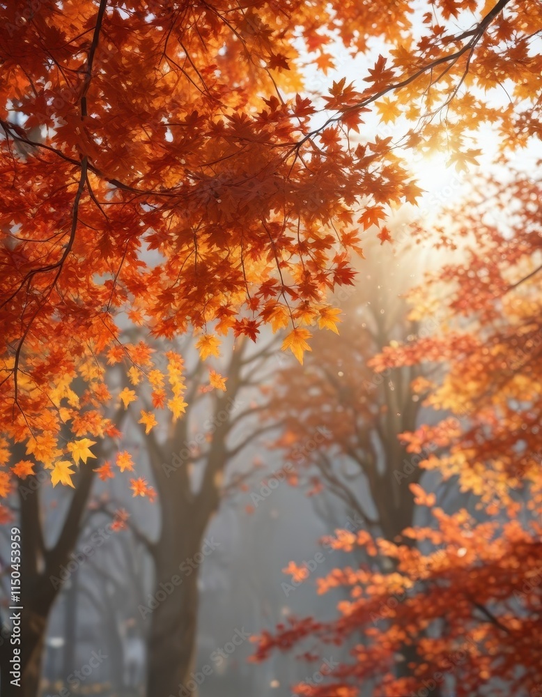 Sunlit maple branch laden with fiery autumn leaves , october, autumn, orange Sunlit maple branch laden with fiery autumn leaves , october, autumn, orange
