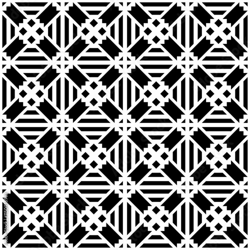 Seamless black and white abstract geometric pattern, consisting of repeating symmetrical shapes. Suitable for backgrounds, wallpapers, textile designs, prints, decorative projects, etc.