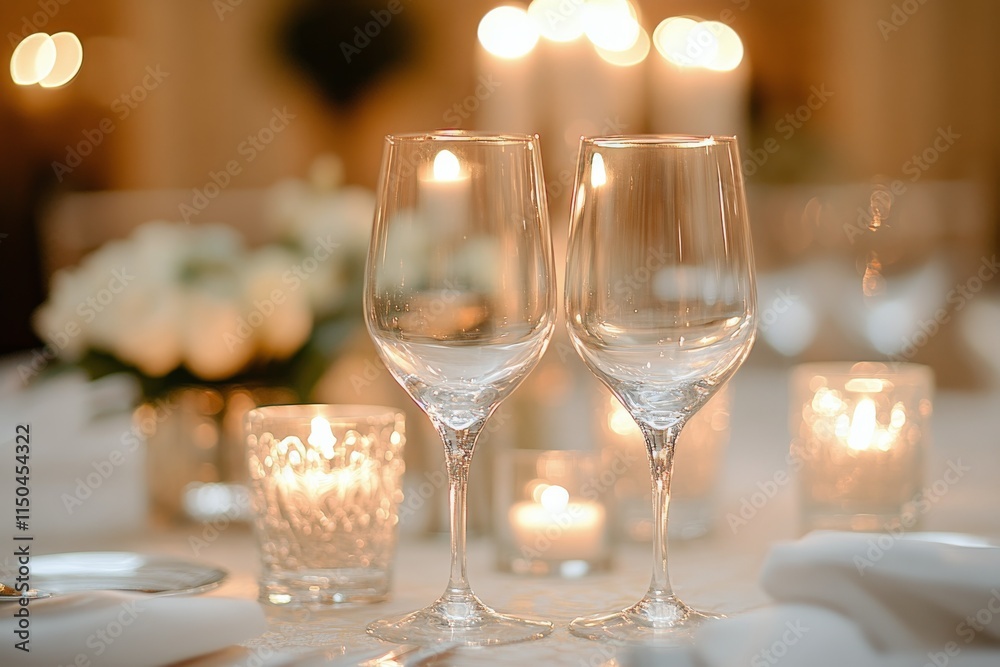 Elegant restaurant setting with white wine glasses and soft candlelight ambiance in the evening Elegant restaurant setting with white wine glasses and soft candlelight ambiance in the evening