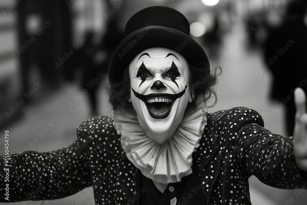 Elegant clown in black-and-white costume performing on a street, mimicking passersby, urban background. Elegant clown in black-and-white costume performing on a street, mimicking passersby, urban background.
