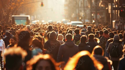 Busy city street filled with pedestrians during late afternoon sunlight in an urban environment