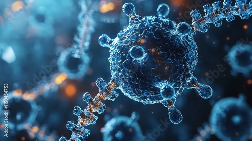 Highly detailed microscopic representation of a virus molecule, showing its structure and complexity in vibrant blue and orange hues
