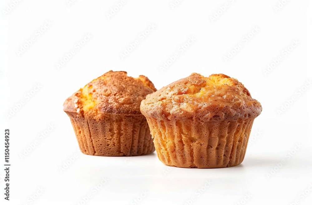 Muffins isolated on a white background, a studio shot of two delicious muffins with golden tops and glaze muffin isolated on white background Muffins isolated on a white background, a studio shot of two delicious muffins with golden tops and glaze muffin isolated on white background