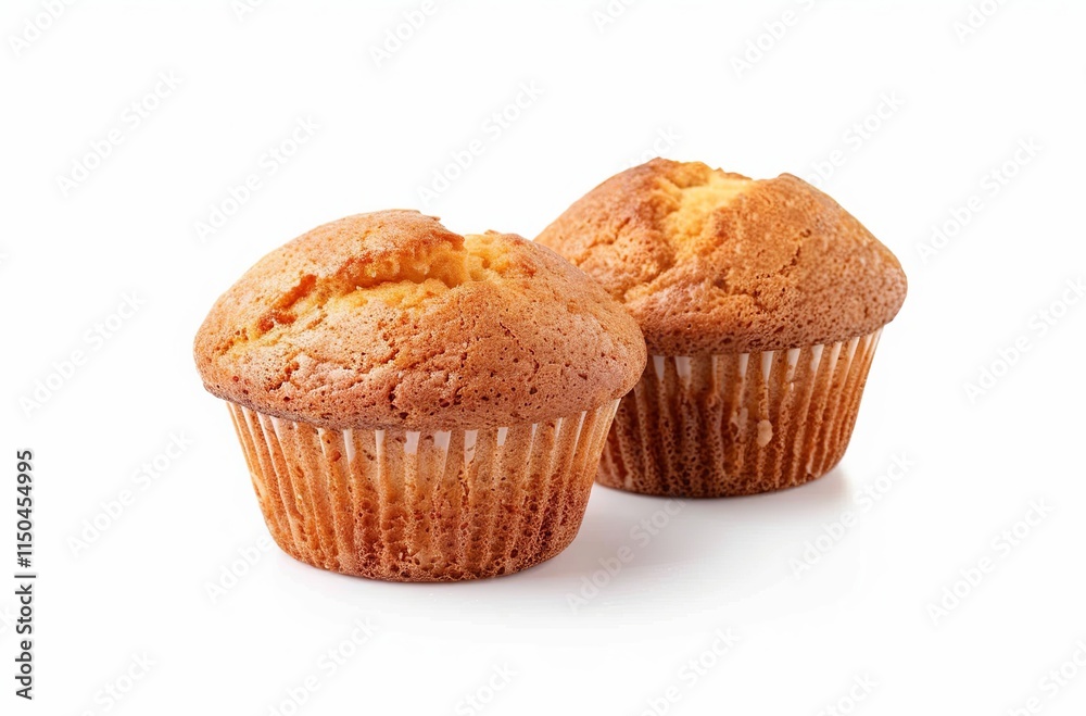 Muffins isolated on a white background, a studio shot of two delicious muffins with golden tops and glaze muffin isolated on white background Muffins isolated on a white background, a studio shot of two delicious muffins with golden tops and glaze muffin isolated on white background