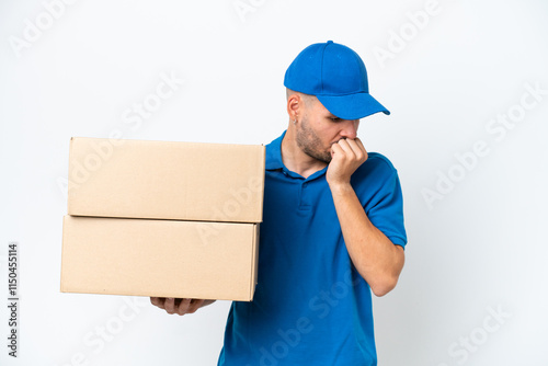 Delivery caucasian man isolated on white background having doubts