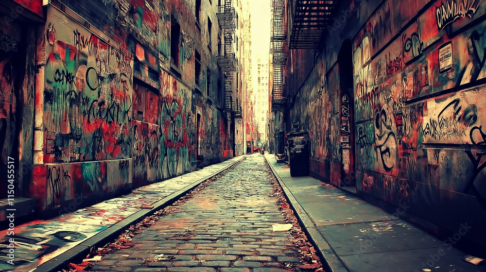 Naklejka premium Urban Grit – Graffiti-Covered Alley with Cracked Walls and Layers of History