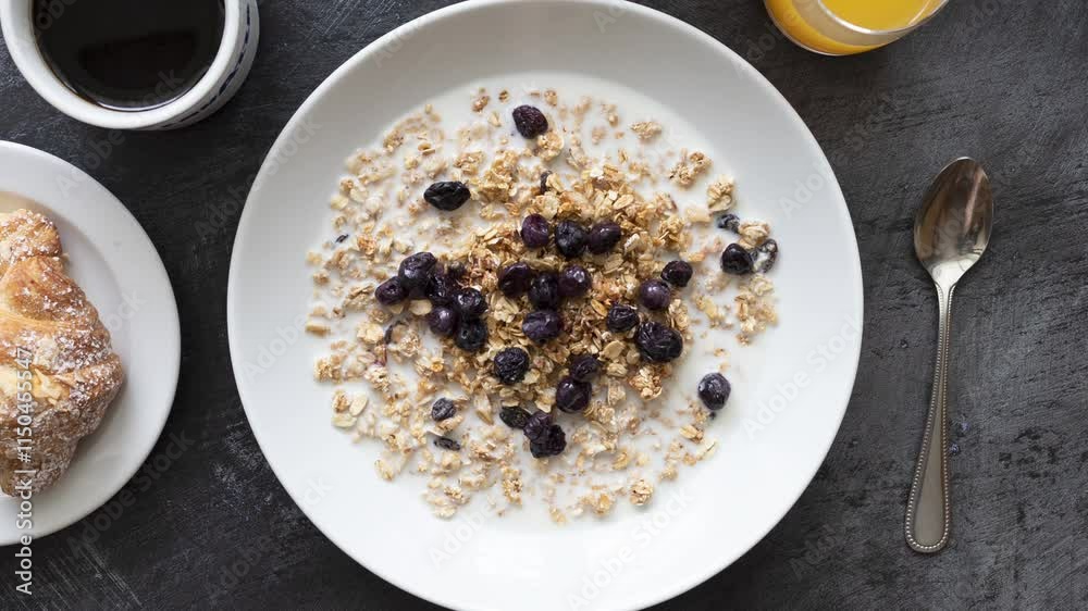 Rotating Bowl of Granola with Raisins and Milk Rotating Bowl of Granola with Raisins and Milk