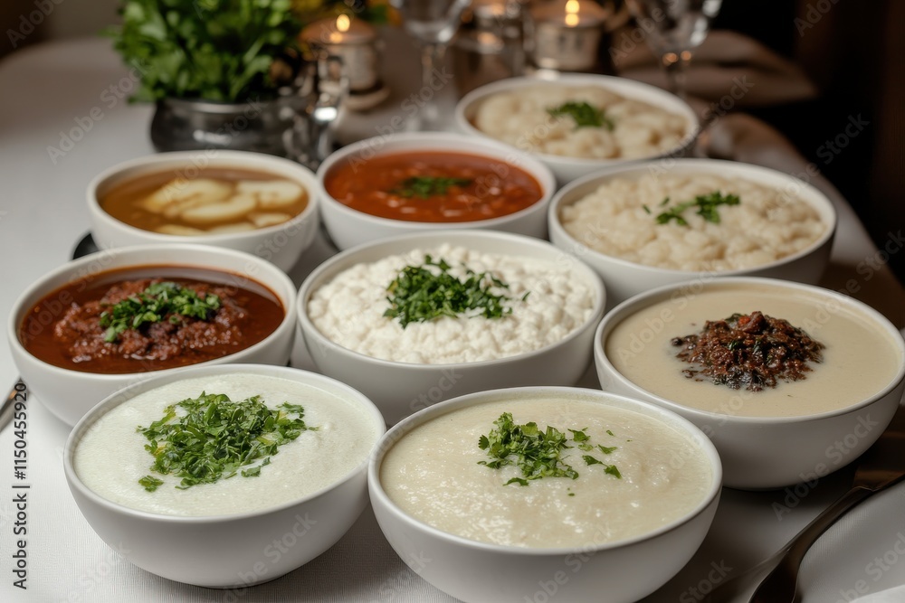 A Vibrant Display of Fufu Bowls with Various Soups Arranged in Buffet Style Captured in Warm Lighting for a Celebratory Atmosphere
