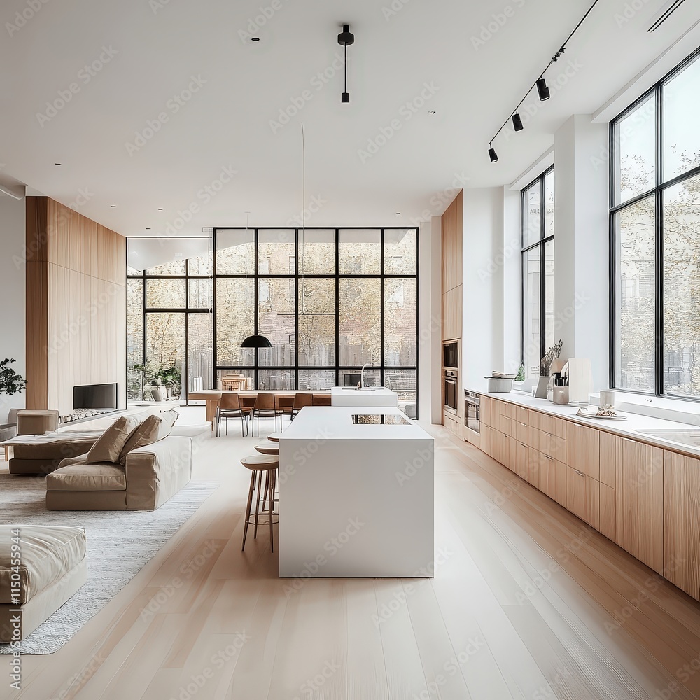Light-filled modern kitchen with light wood cabinets, a white island, and large windows looking out to trees.