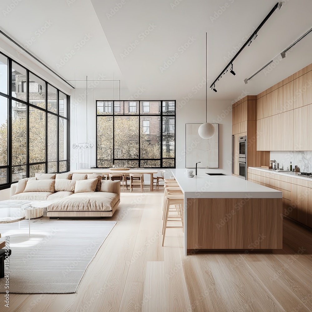 Light-filled modern kitchen with light wood cabinets, a white island, and large windows looking out to trees.