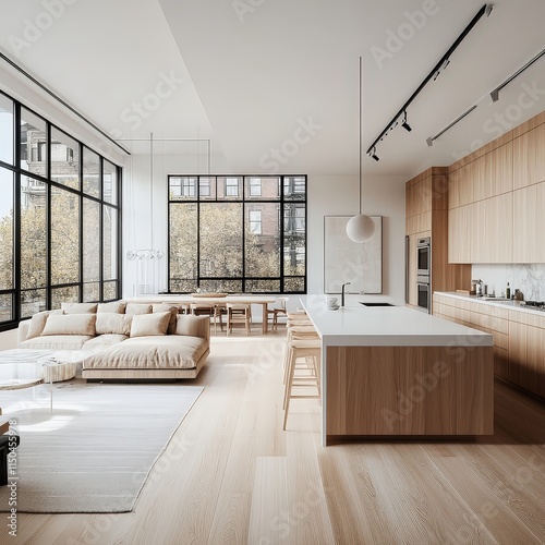 Light-filled modern kitchen with light wood cabinets, a white island, and large windows looking out to trees.