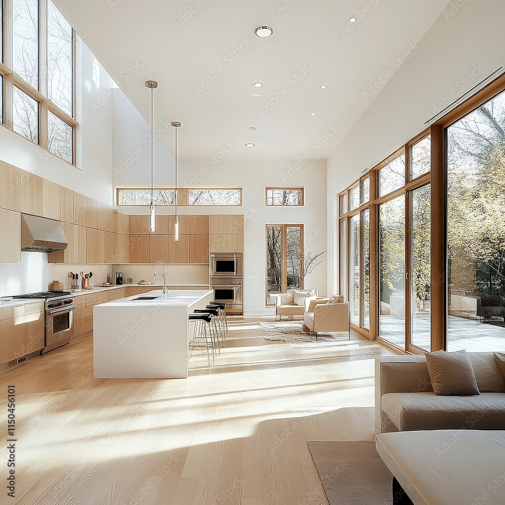 Light-filled modern kitchen with light wood cabinets, a white island, and large windows looking out to trees.