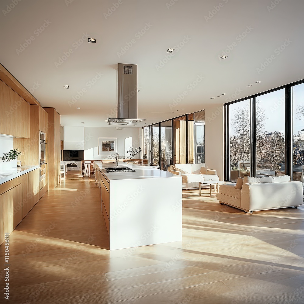 Light-filled modern kitchen with light wood cabinets, a white island, and large windows looking out to trees.