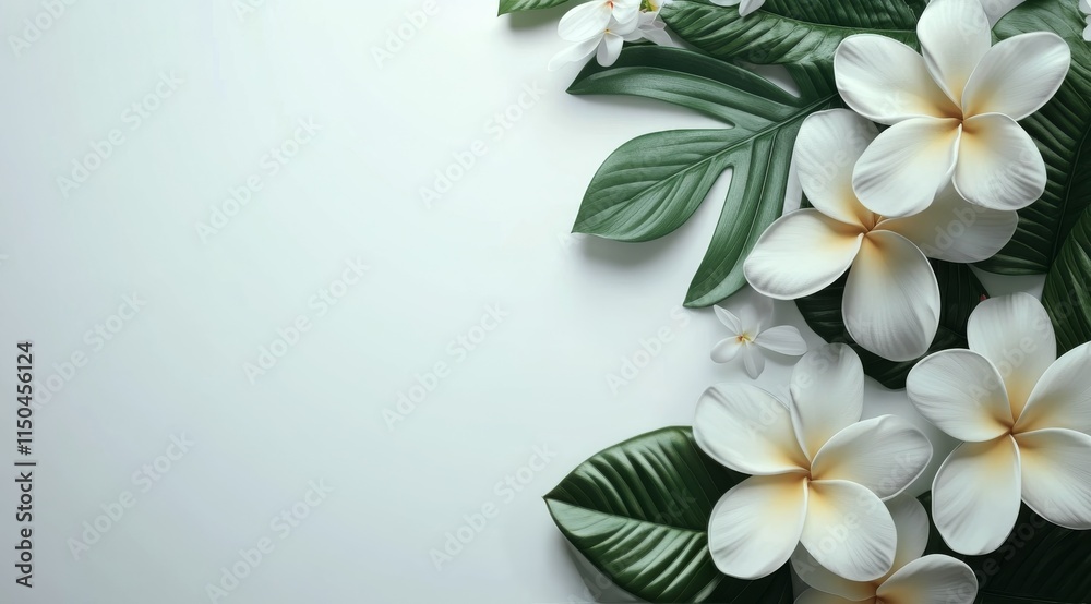 Fototapeta premium Delicate white floral arrangement with textured leaves on a neutral background