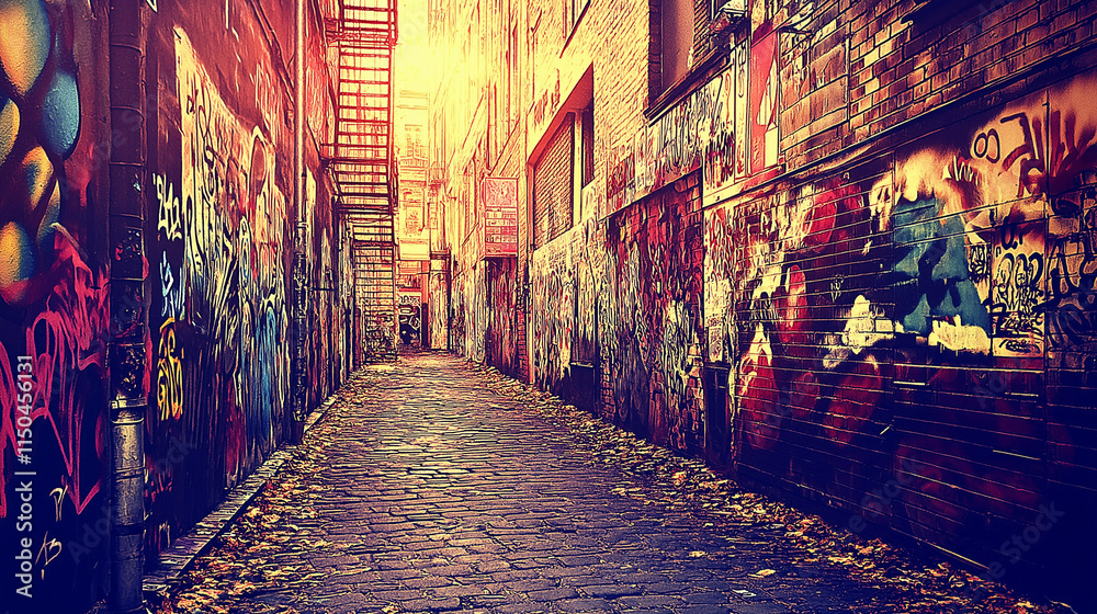 Fototapeta premium Urban Grit – Graffiti-Covered Alley with Cracked Walls and Layers of History