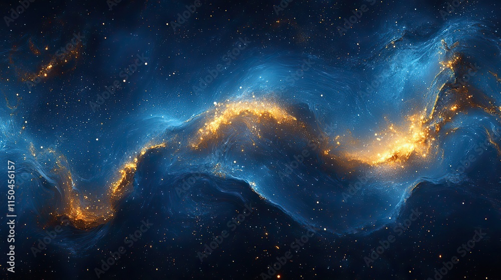 Fototapeta premium Texture painting of a galaxy swirl with marble background. Creative splash with glitter and stars. Graphic art for canvas wallpaper. Illustration design in blue with gold ripple, like outer space