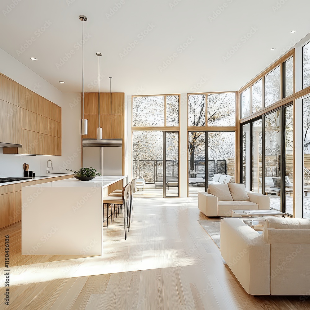 Light-filled modern kitchen with light wood cabinets, a white island, and large windows looking out to trees.