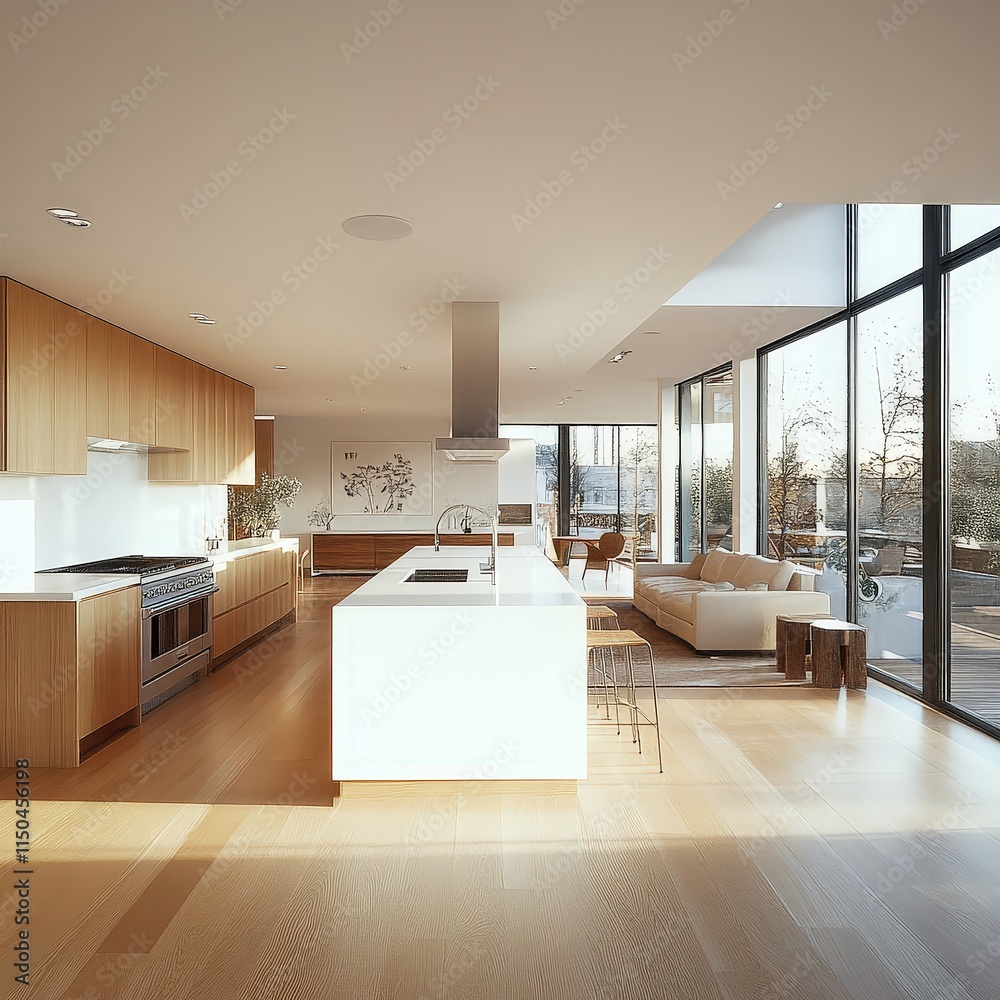 Light-filled modern kitchen with light wood cabinets, a white island, and large windows looking out to trees.