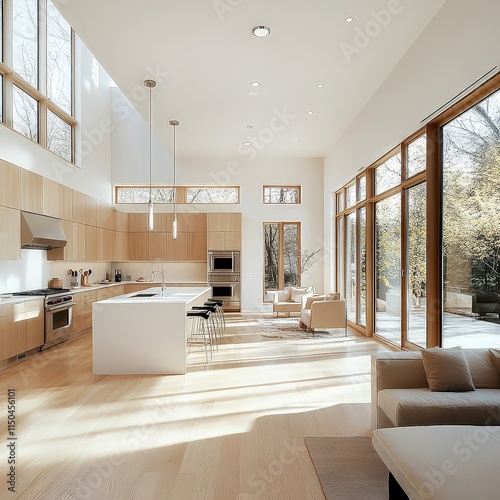 Obraz na płótnie Light-filled modern kitchen with light wood cabinets, a white island, and large windows looking out to trees. w salonie
