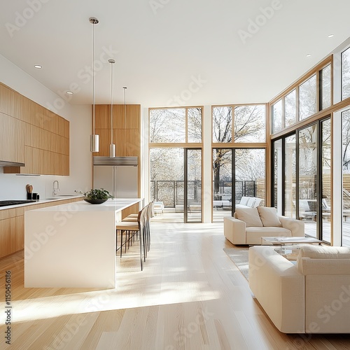 Light-filled modern kitchen with light wood cabinets, a white island, and large windows looking out to trees.