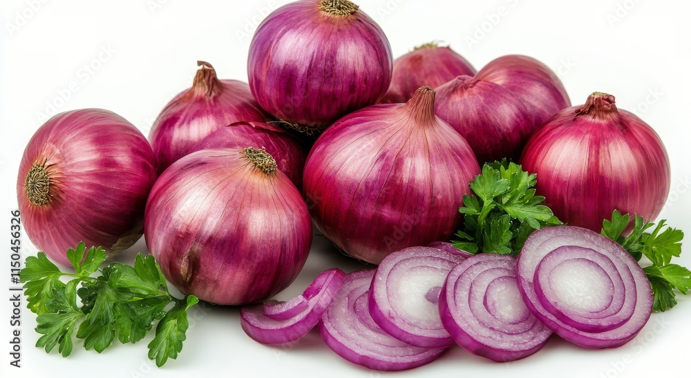 Fresh red onions displayed with slices on a clean surface for culinary purposes Fresh red onions displayed with slices on a clean surface for culinary purposes