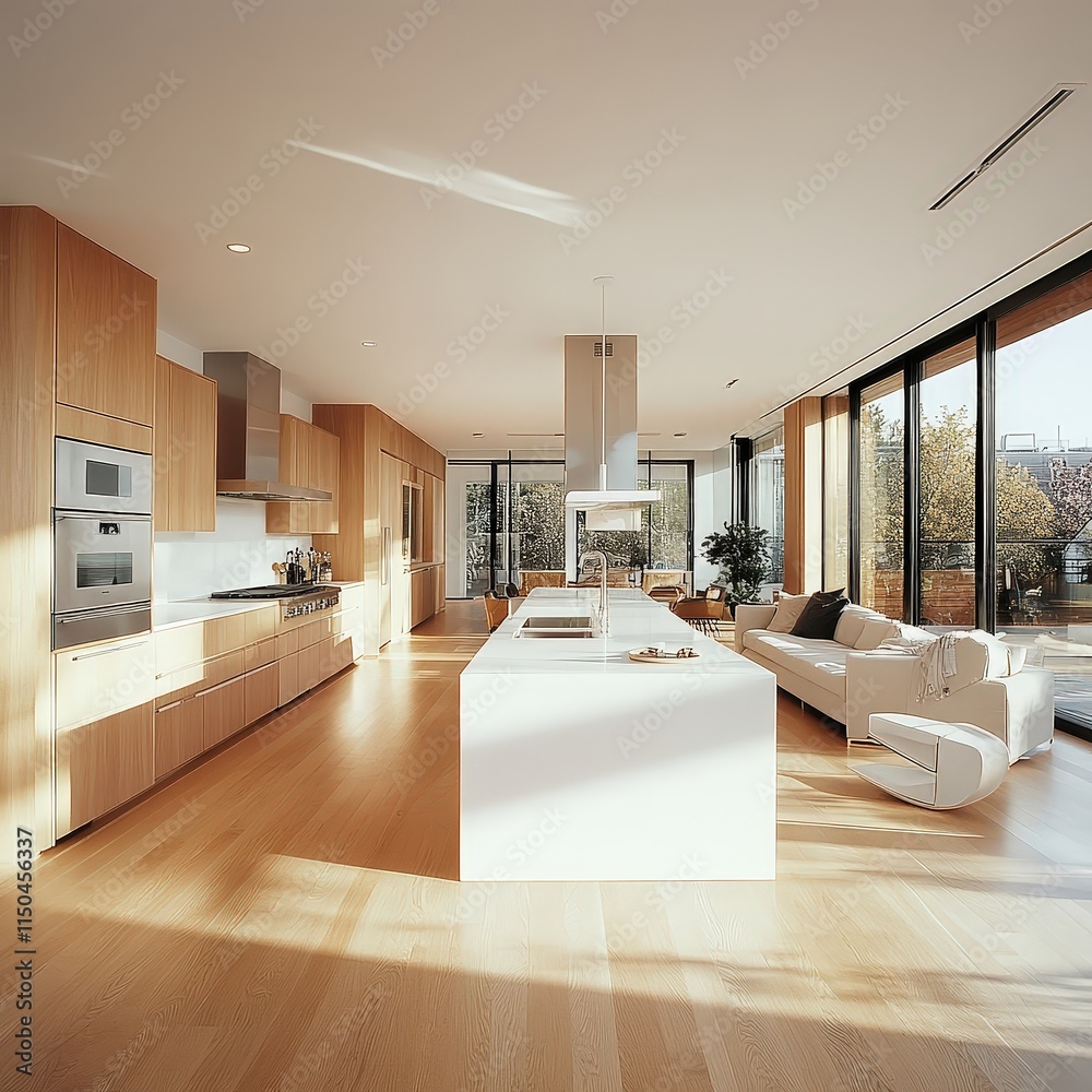 Light-filled modern kitchen with light wood cabinets, a white island, and large windows looking out to trees.
