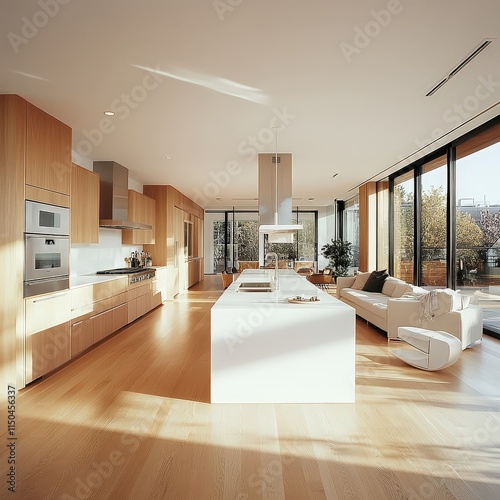 Obraz na płótnie Light-filled modern kitchen with light wood cabinets, a white island, and large windows looking out to trees. w salonie