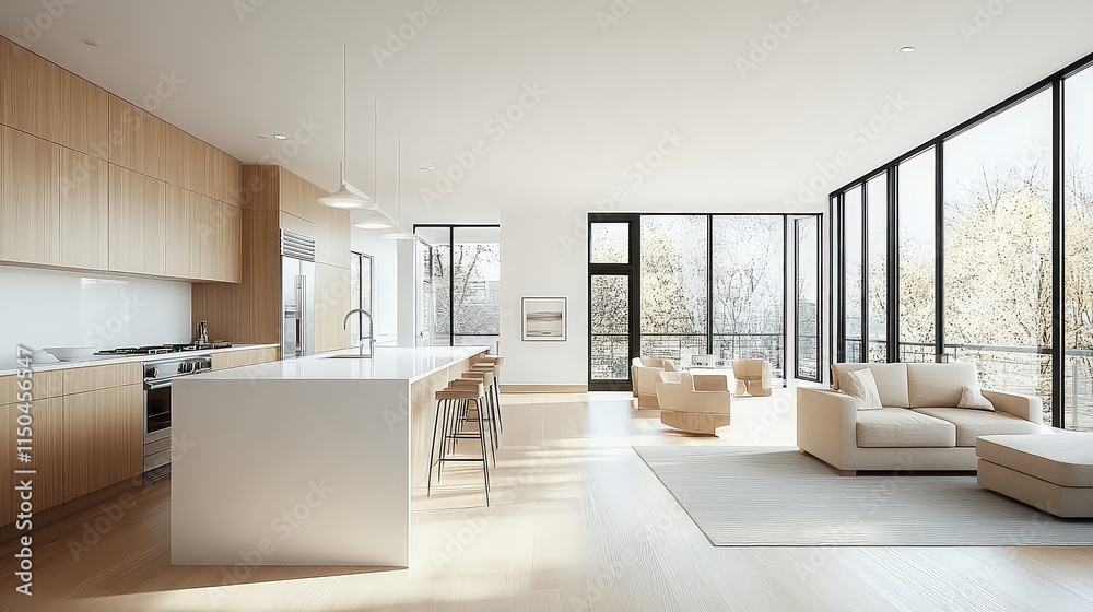 Light-filled modern kitchen with light wood cabinets, a white island, and large windows looking out to trees.