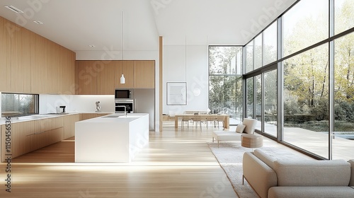 Light-filled modern kitchen with light wood cabinets, a white island, and large windows looking out to trees.