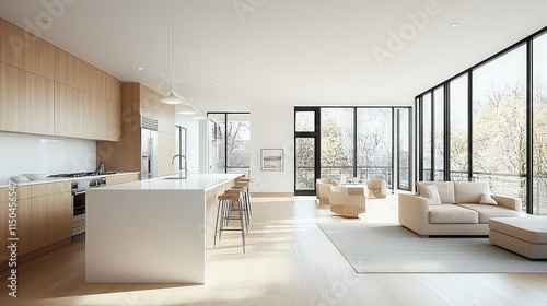 Obraz na płótnie Light-filled modern kitchen with light wood cabinets, a white island, and large windows looking out to trees. w salonie