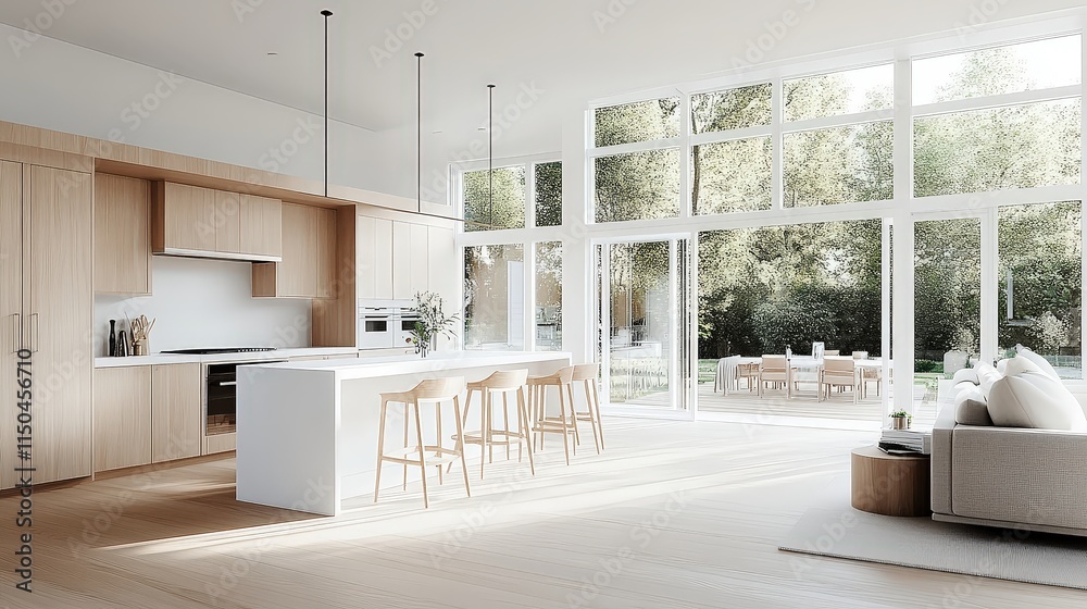 Light-filled modern kitchen with light wood cabinets, a white island, and large windows looking out to trees.