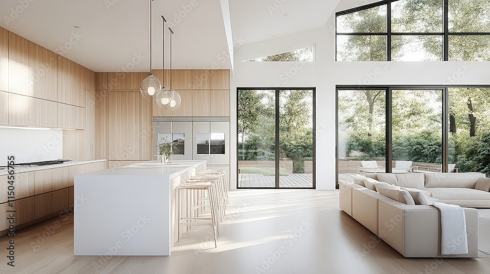 Light-filled modern kitchen with light wood cabinets, a white island, and large windows looking out to trees.