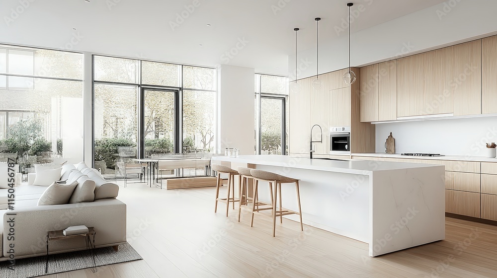 Light-filled modern kitchen with light wood cabinets, a white island, and large windows looking out to trees.