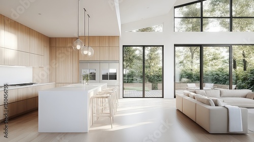 Obraz na płótnie Light-filled modern kitchen with light wood cabinets, a white island, and large windows looking out to trees. w salonie