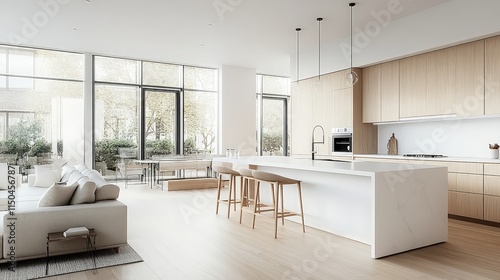 Obraz na płótnie Light-filled modern kitchen with light wood cabinets, a white island, and large windows looking out to trees. w salonie