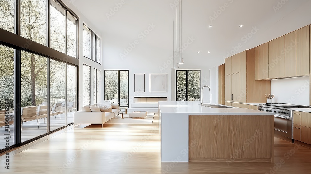 Light-filled modern kitchen with light wood cabinets, a white island, and large windows looking out to trees.