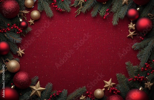 Elegant holiday decorations with red and gold ornaments on a sparkling background
