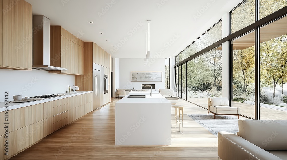 Light-filled modern kitchen with light wood cabinets, a white island, and large windows looking out to trees.