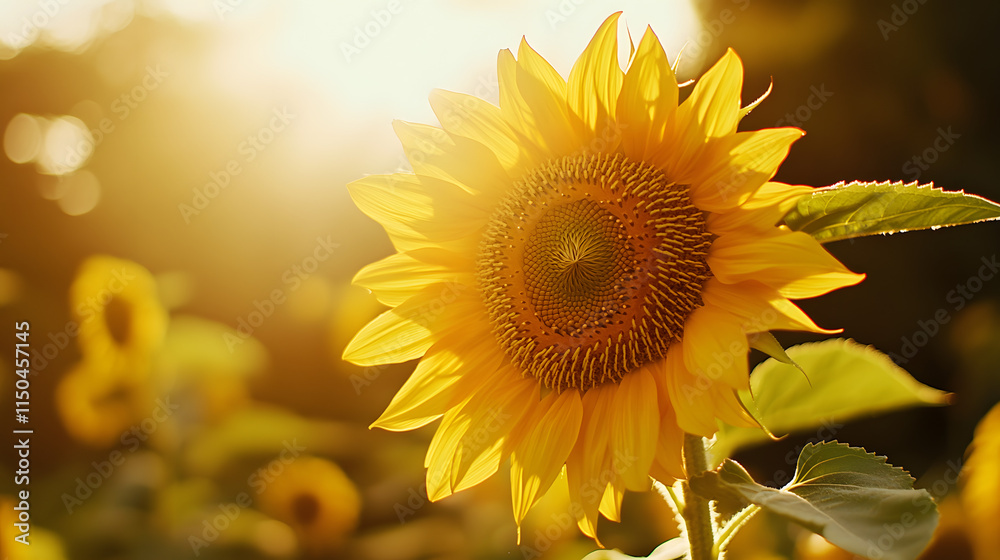 Obraz premium A bright yellow sunflower in full bloom its intricate center spiraling with seeds under golden sunlight.