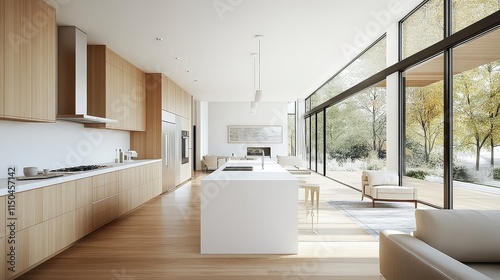Obraz na płótnie Light-filled modern kitchen with light wood cabinets, a white island, and large windows looking out to trees. w salonie